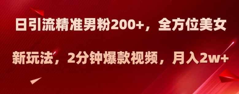 日引流精准男粉200+，全方位美女新玩法，2分钟爆款视频，月入2w+【揭秘】网赚项目-副业赚钱-互联网创业-资源整合华本网创