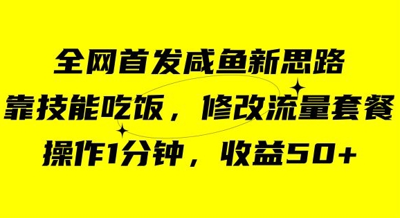 咸鱼冷门新玩法，靠“技能吃饭”，修改流量套餐，操作1分钟，收益50【揭秘】网赚项目-副业赚钱-互联网创业-资源整合华本网创