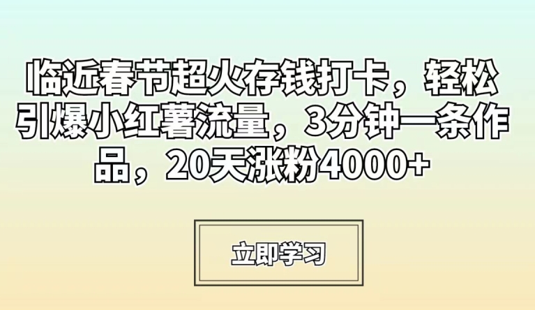 临近春节超火存钱打卡，轻松引爆小红薯流量，3分钟一条作品，20天涨粉4000+网赚项目-副业赚钱-互联网创业-资源整合华本网创