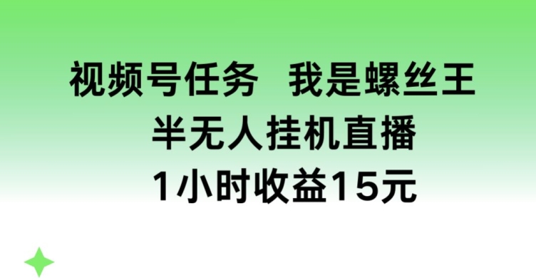 视频号任务，我是螺丝王， 半无人挂机1小时收益15元网赚项目-副业赚钱-互联网创业-资源整合华本网创