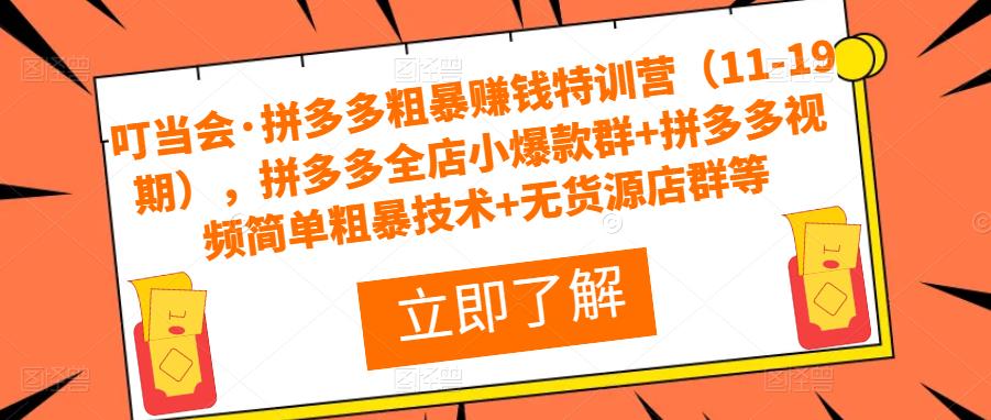 叮当会·拼多多粗暴赚钱特训营（11-19期），拼多多全店小爆款群+拼多多视频简单粗暴技术+无货源店群等网赚项目-副业赚钱-互联网创业-资源整合华本网创