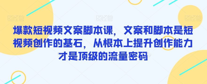 爆款短视频文案脚本课，文案和脚本是短视频创作的基石，从根本上提升创作能力才是顶级的流量密码网赚项目-副业赚钱-互联网创业-资源整合华本网创