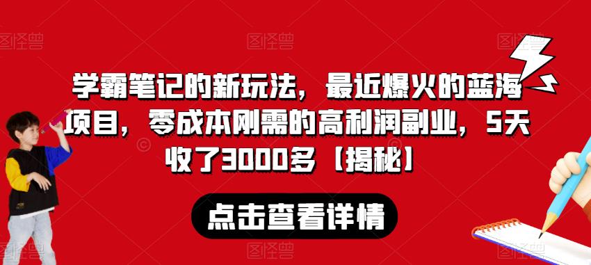 学霸笔记的新玩法，最近爆火的蓝海项目，零成本刚需的高利润副业，5天收了3000多【揭秘】网赚项目-副业赚钱-互联网创业-资源整合华本网创