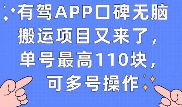 有驾APP口碑无脑搬运项目又来了，单号最高110块，可多号操作网赚项目-副业赚钱-互联网创业-资源整合华本网创