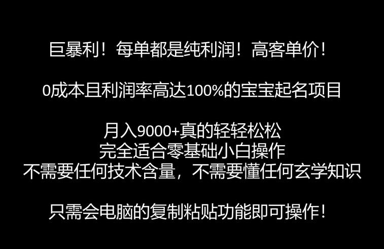 巨暴利，月入9000+的宝宝起名项目，每单都是纯利润，零基础都能躺赚【附软件+视频教程】网赚项目-副业赚钱-互联网创业-资源整合华本网创